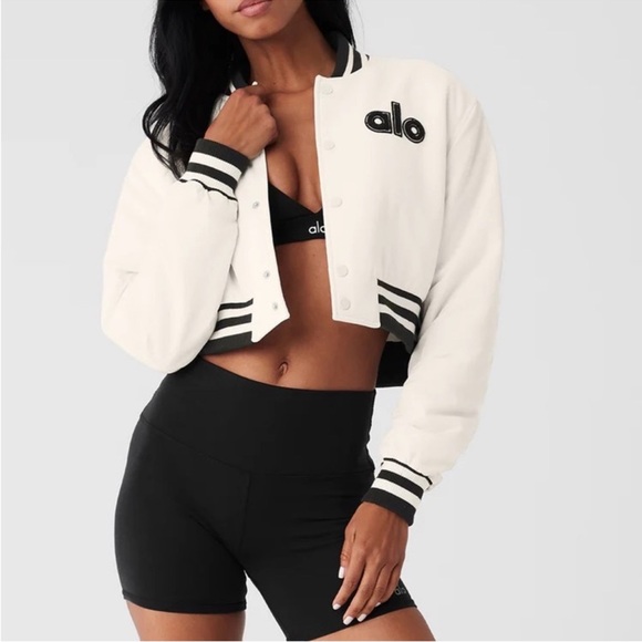 ALO Yoga Jackets & Blazers - ALO Yoga Women's Cream Varsity Jacket with Black Accents